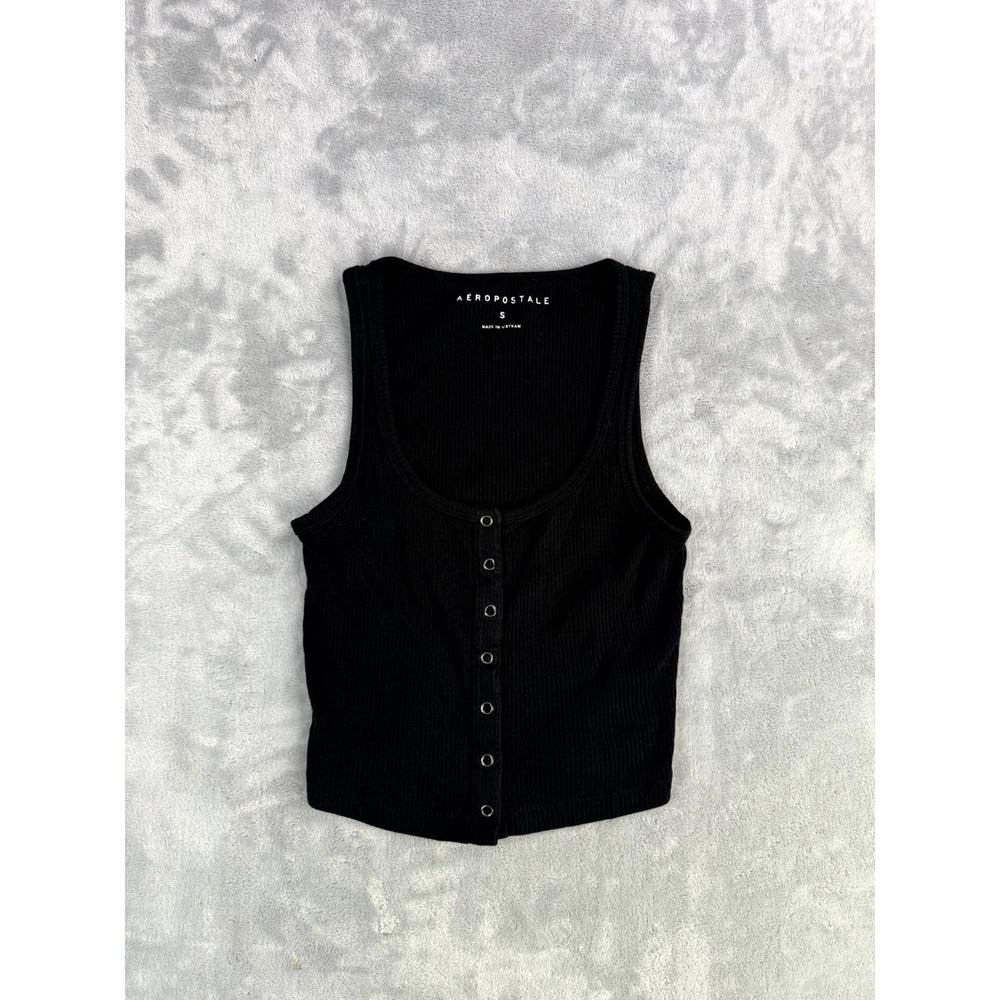 Aeropostale Ribbed Crop Tank Womens Small Black Cotton Scoop Neck Snap Button